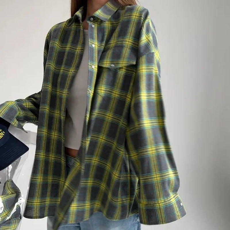 Women Vintage Long Sleeve Shirt Oversized Plaid Shirt Autumn Winter Fashion Loose Lapel Pocket Shirt Fit Blouse Korean Style-Gennys fashion