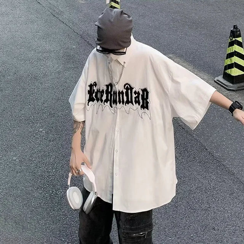 Mens Y2K Shirt 2024 Summer New Large Size American Fashion Short-Sleeved Shirt Hip-Hop Embroidered Letter Necklace Casual Shirt-Gennys fashion