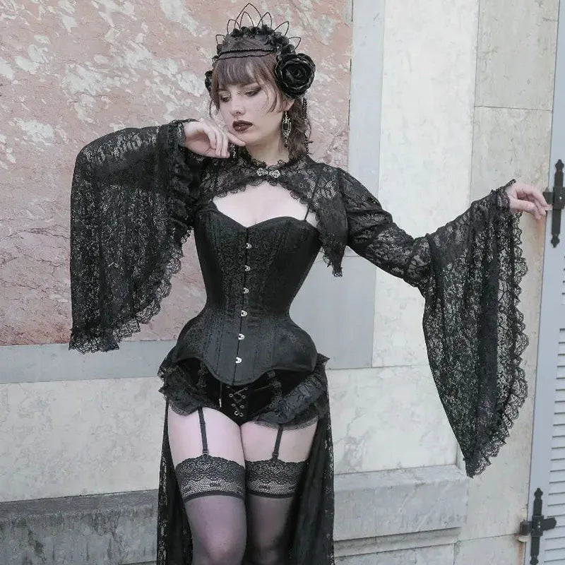 Women'S Gothic Tops New 2023 Women'S Flared Sleeve Loose Sexy Lace Hollow Buttoned Silk Blouse Female-Gennys fashion