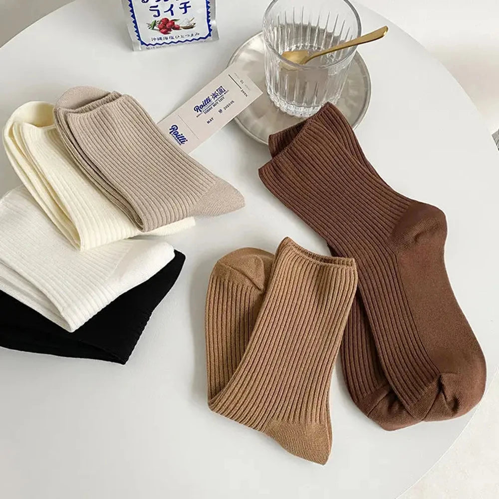 5 Pairs Solid Color Women'S Mid Length Socks Leisure High Quality Spring Autumn Simplicity Stripe Soft Breathable Women'S Socks-Gennys fashion