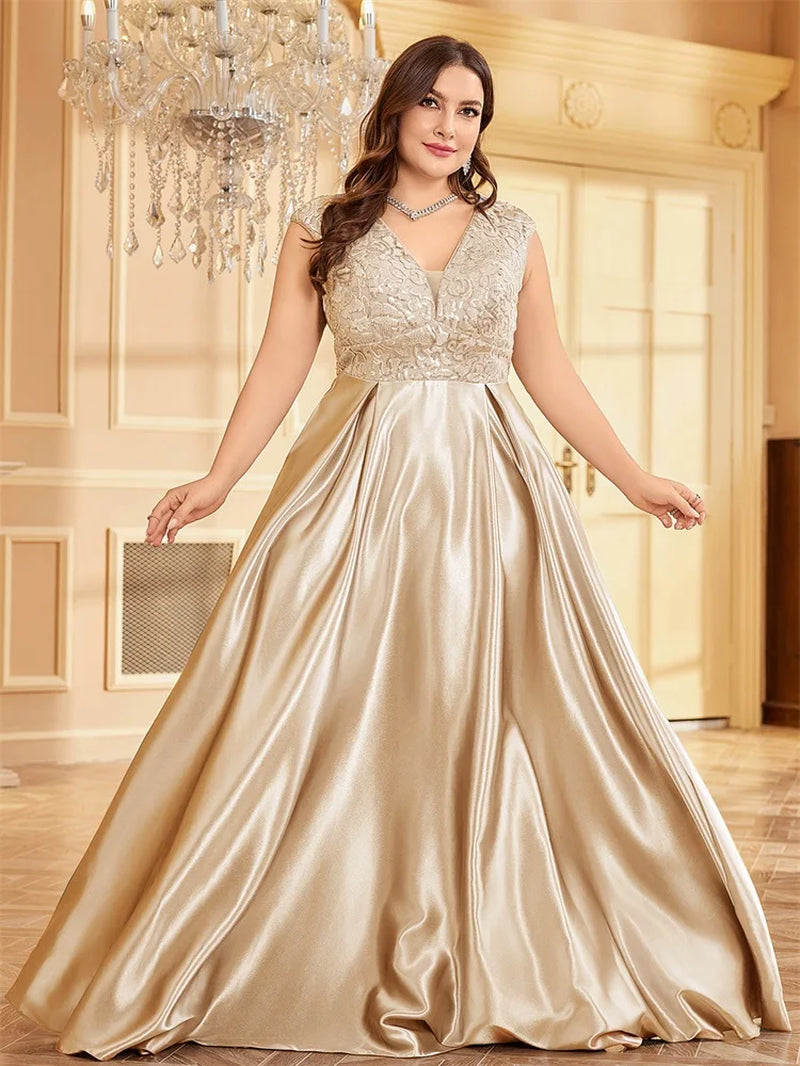 Lucyinlove plus Size Luxury Gold Satin V-Neck Evening Dress Women Satin Wedding Party Prom Floor Lenght Cocktail Dress Gowns-Gennys fashion