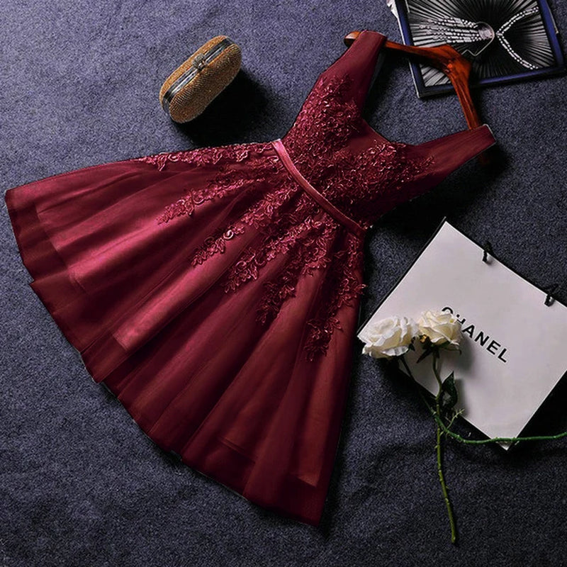 S0125 Prom Dress Short Pink Bridesmaid Dresses Beadings Sexy Neck Lace up Pearls Wedding Party Graduation Gowns-Gennys fashion