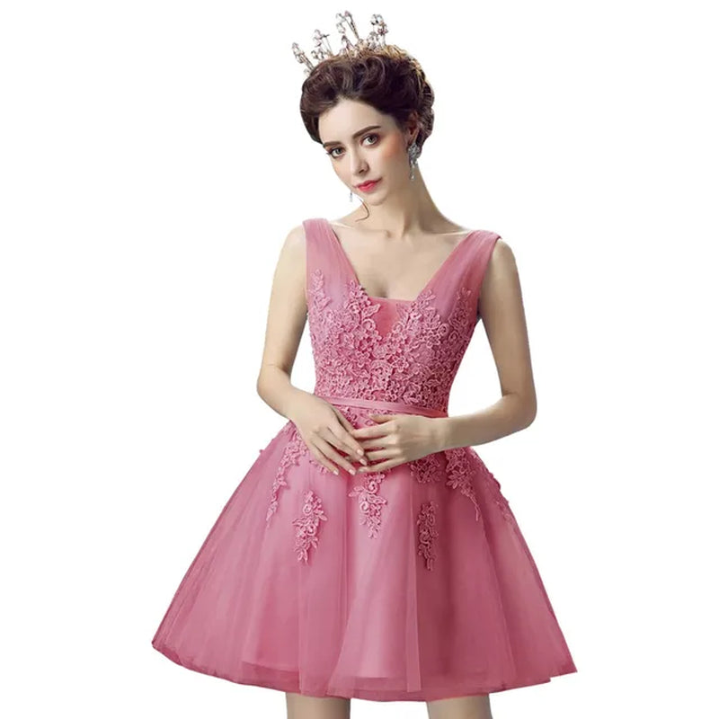 Silver Tulle Short Prom Dress Sexy Women V Neck Sleeveless Lace Applique a Line Backless Evening Party Dresses Cocktail Gown-Gennys fashion