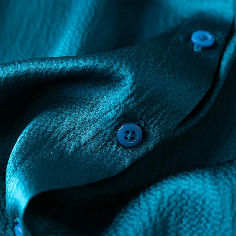Women 100% Mulberry Silk 20 Momme Heavy Silk Peacock Blue Collared Short Sleeve Buttons down Shirt Top Blouse Office Work MM567-Gennys fashion