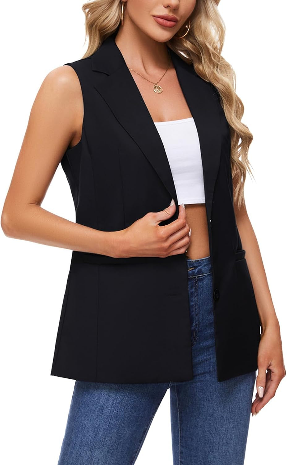 Sleeveless Blazer for Women Notch Lapel Waistcoat Vest Loose Jacket Casual Outerwear with Buttons Pockets-Gennys fashion