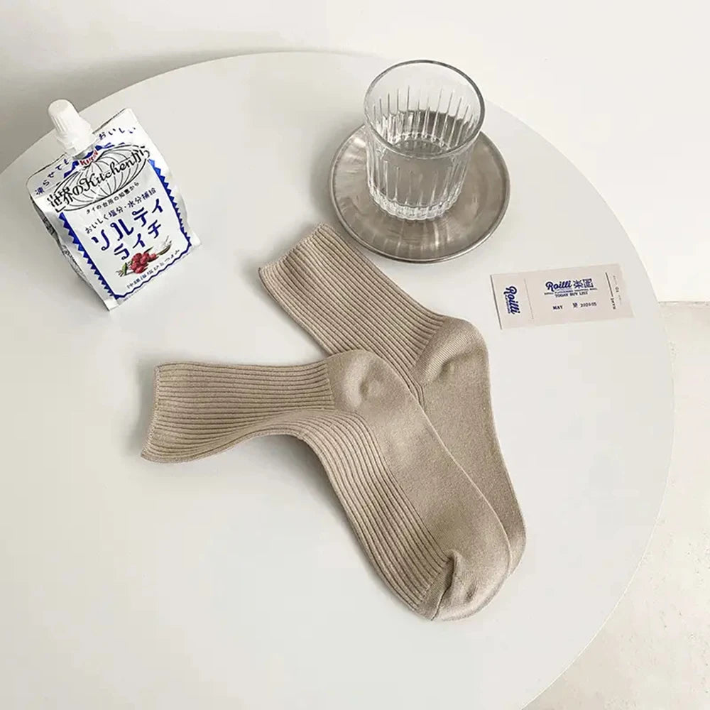 5 Pairs Solid Color Women'S Mid Length Socks Leisure High Quality Spring Autumn Simplicity Stripe Soft Breathable Women'S Socks-Gennys fashion