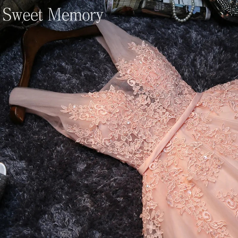 S0125 Prom Dress Short Pink Bridesmaid Dresses Beadings Sexy Neck Lace up Pearls Wedding Party Graduation Gowns-Gennys fashion