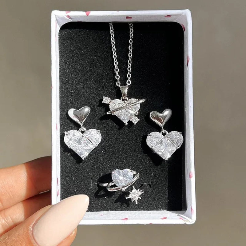 Crystal Angel Wings Heart Pendant Necklaces Set Ladies Girl Simple Y2K Pink White Zircon Love Elegant Necklace Women Jewelry Set-Gennys fashion