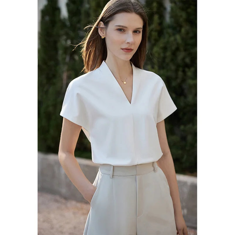 Minimalism 2023 Summer Women'S T-Shirt Classic Style Casual V-Neck Short Sleeve Solid Stretch Female Tops & Tees 12312013-Gennys fashion