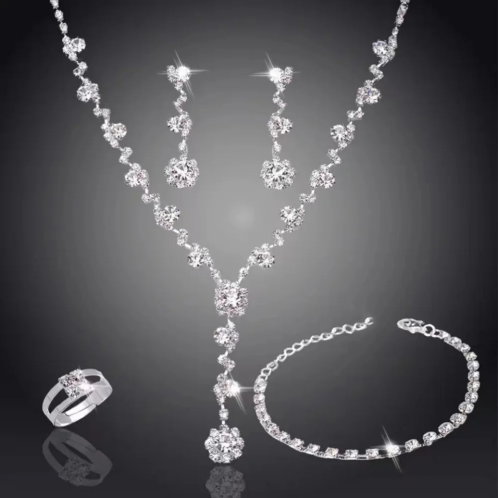 4 Pcs Luxury Wedding Bridal Bridesmaid Crystal Zircon Jewelry Set for Women Tennis Choker Necklace Earrings Rings Bracelet Set-Gennys fashion