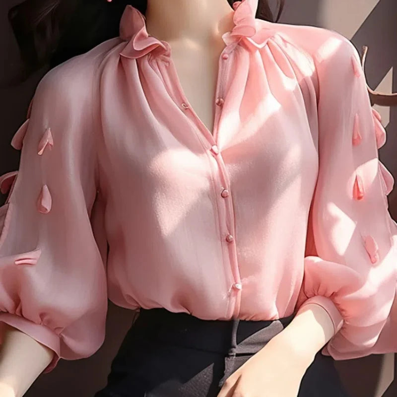 Spring Autumn New Fashion Solid V-Neck Long Sleeve Shirts Women'S Clothing Puff Sleeve Patchwork Cardigan Korean Thin Blouses-Gennys fashion