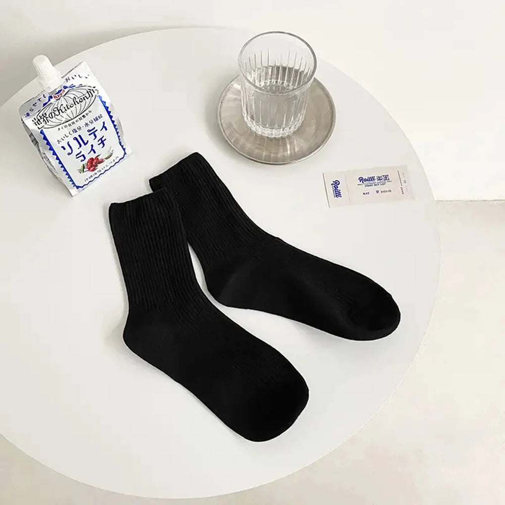 5 Pairs Solid Color Women'S Mid Length Socks Leisure High Quality Spring Autumn Simplicity Stripe Soft Breathable Women'S Socks-Gennys fashion