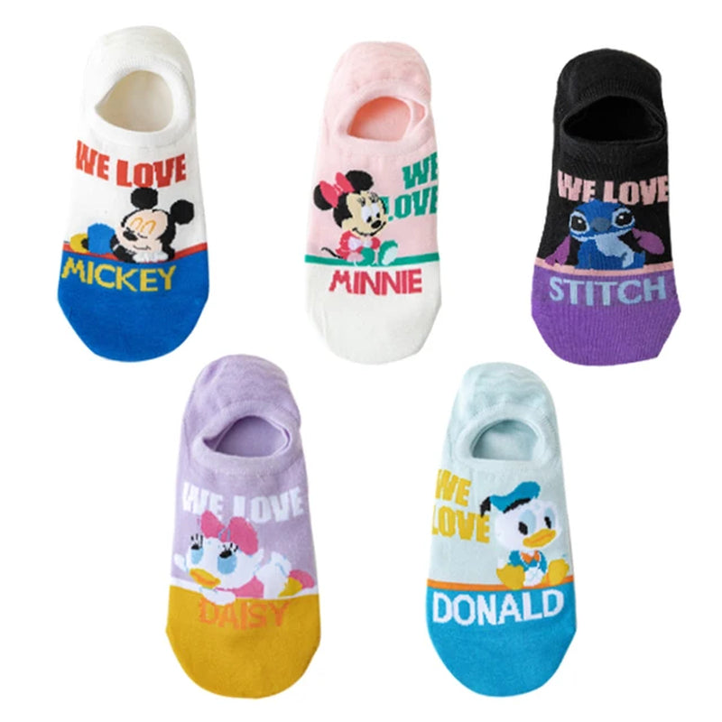 5 Pairs Disney Summer Casual Cute Women Socks Animal Cartoon Mouse Duck Socks Soft Cotton Invisible Funny Socks Size 34-40-Gennys fashion