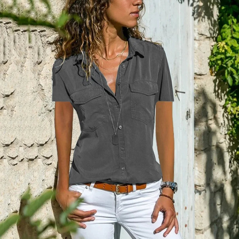 Summer New Women'S Shirt Solid Color Lapel Short Sleeve Casual Top Solid Color Lapel Button Pocket Temperament Commuter Shirt-Gennys fashion