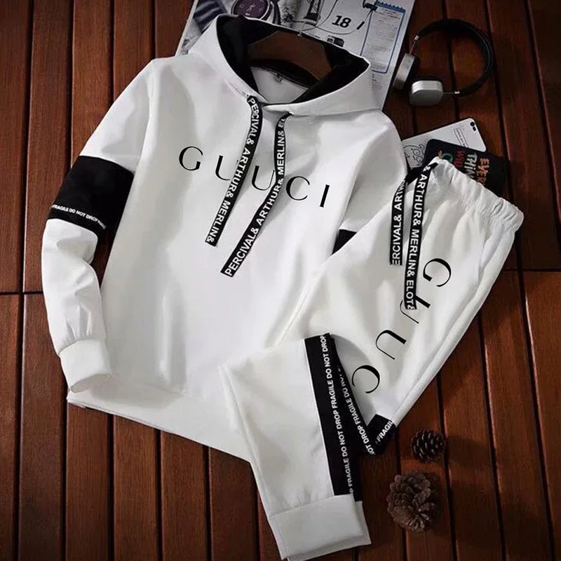 Mens Tracksuit High Quality Fashion Hooded Sweatshirt Sweatpants Casual Trend Print Pullover Classic Black White Jogging Clothes-Gennys fashion