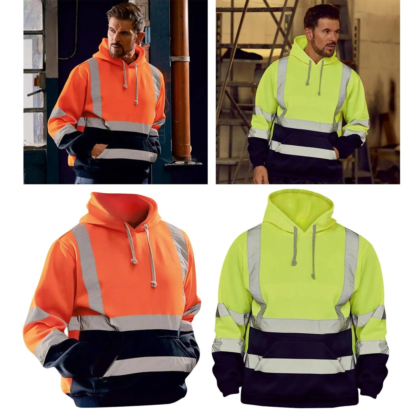 Safety Hi Vis Pullover Mens Hooded Sweatshirt Streetwear Tops Warehouse Work Roadside Emergency-Gennys fashion