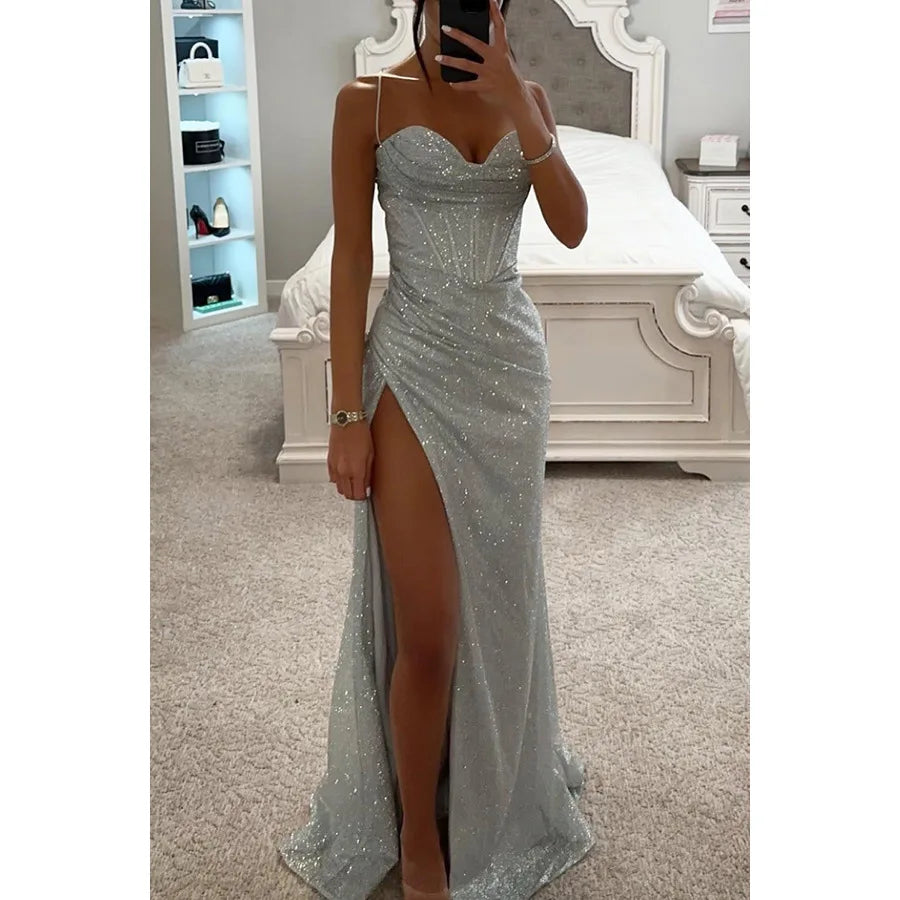 Women Evening Party Dress Floor Length Shiny Spaghetti Maxi Dress off Shoulder Sleeveless High Slit Draped Bodycon Prom Dress-Gennys fashion