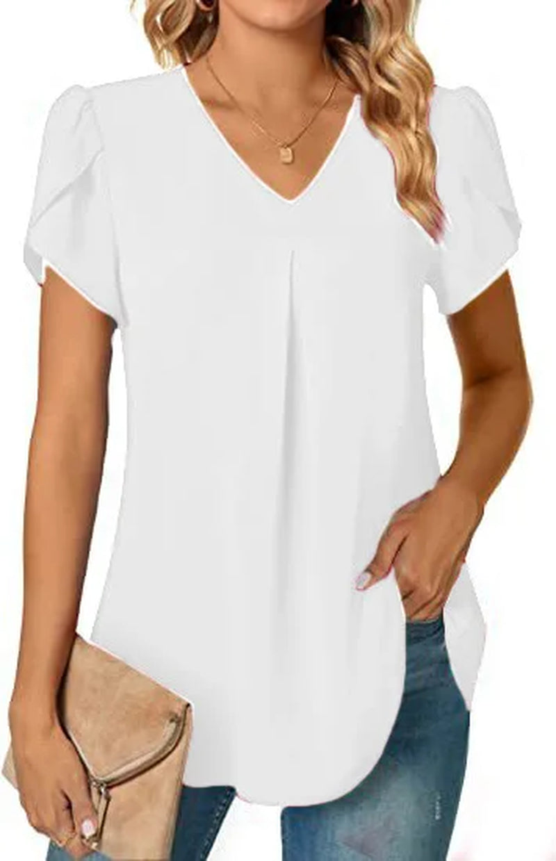 Sexy V Neck Ruffle Short Sleeve Blouse Shirts Summer Women V Neck Solid Color Loose OL Workout Blouse Tops SZE-ST23015-Gennys fashion