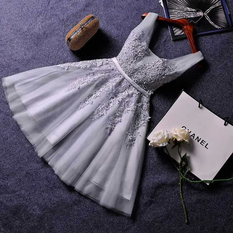S0125 Prom Dress Short Pink Bridesmaid Dresses Beadings Sexy Neck Lace up Pearls Wedding Party Graduation Gowns-Gennys fashion