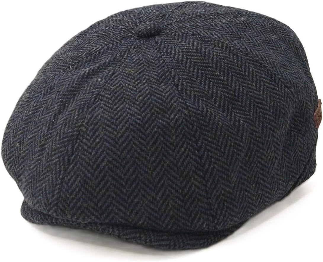 Navy Blue Herringbone Newsboy Cap Men'S Baker Boy Hat Style 8 Panel Scally Lined Wool Blend