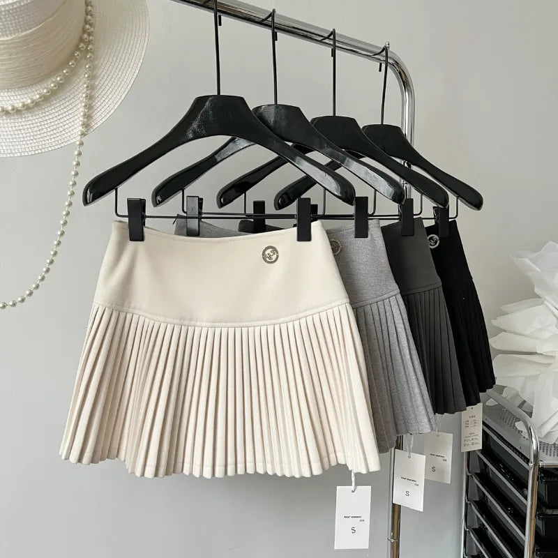 Women'S Woolen Pleated Short Skirt Autumn Winter American Korea Style Cheerleading Girl Straight A-Line High Waist Mini Skirt-Gennys fashion