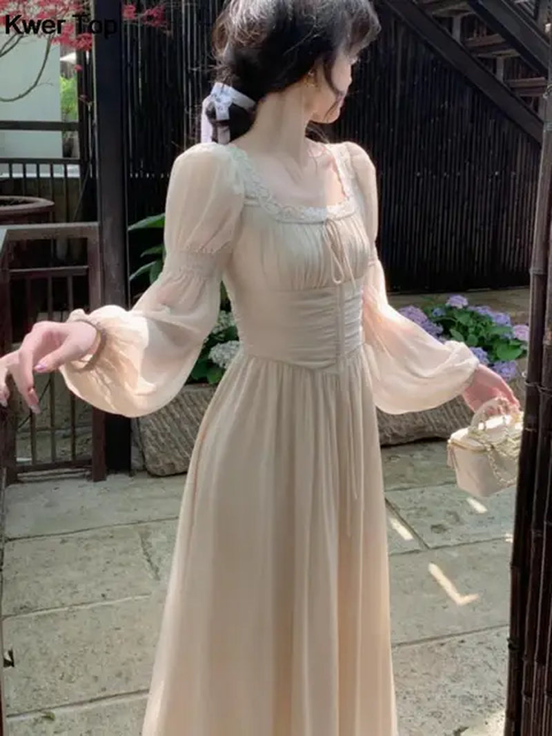 French Elegant Princess Evening Party Midi Dresses for Women Autumn Slim Bandage Long Sleeve Vestidos Korean Spring Clothes-Gennys fashion