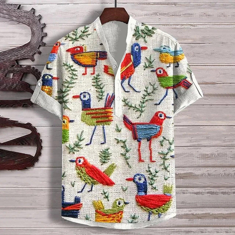 Men'S Retro Hawaiian Art Print Wave Series 3D Digital Printing Casual Loose Short Sleeve Three-Breasted Shirt Linen 100%-Gennys fashion