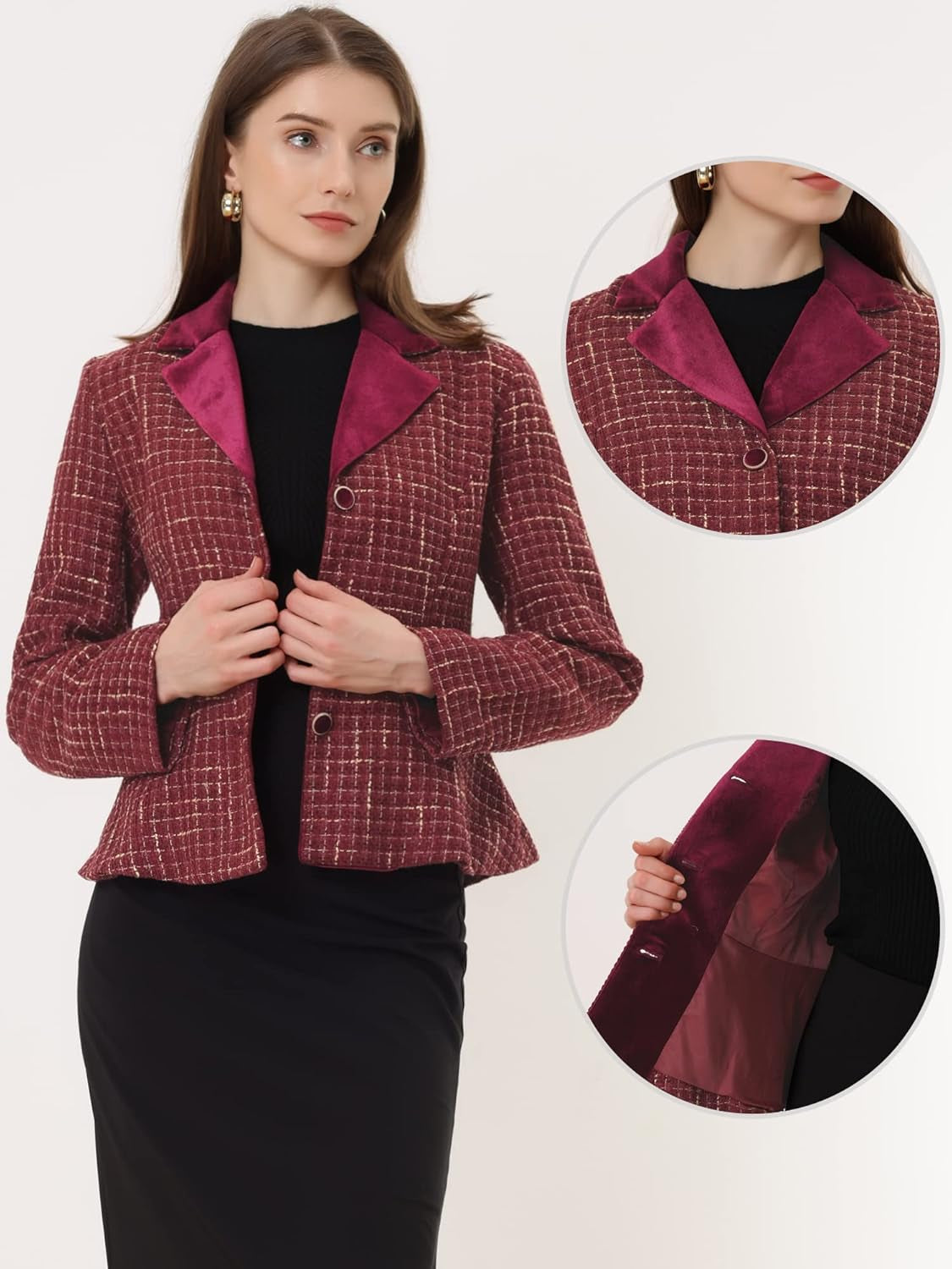 Vintage Tweed Blazer for Women'S Plaid Notched Collar Work Office Jacket Blazers with Belt-Gennys fashion