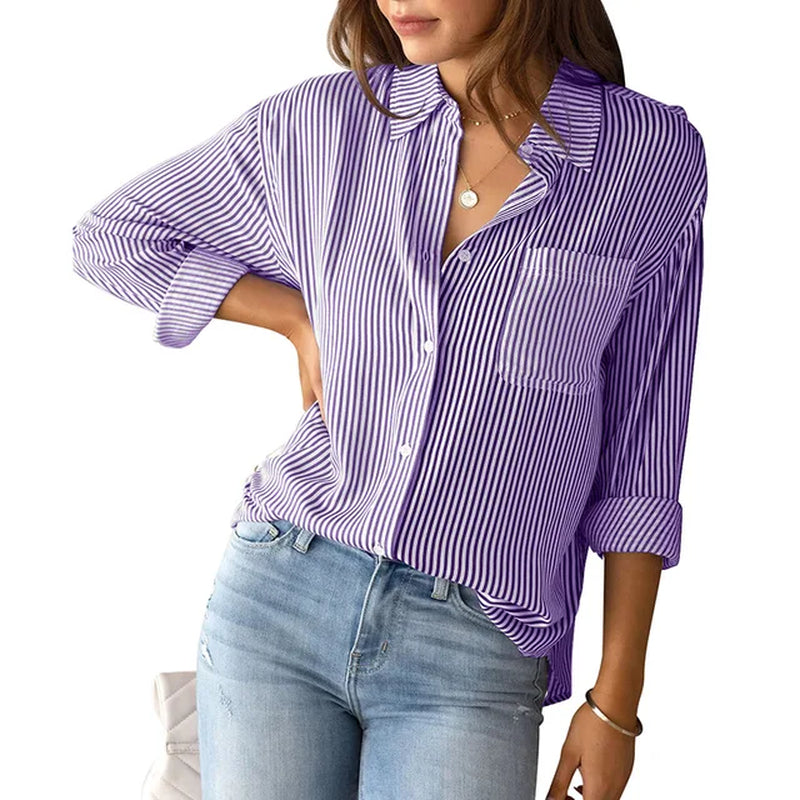 Casual Loose Striped Shirts for Women 2024 Autumn Vintage Women'S Oversized Shirts and Blouses Fashion Elegant Youth Female Tops-Gennys fashion