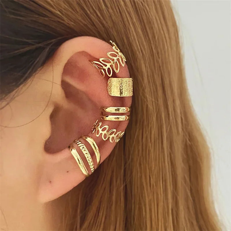 Gold Silver Color Leaves Clip Earrings for Women Creative Simple C Butterfly Ear Cuff Non-Piercing Ear Clip Set Trendy Jewelry-Gennys fashion