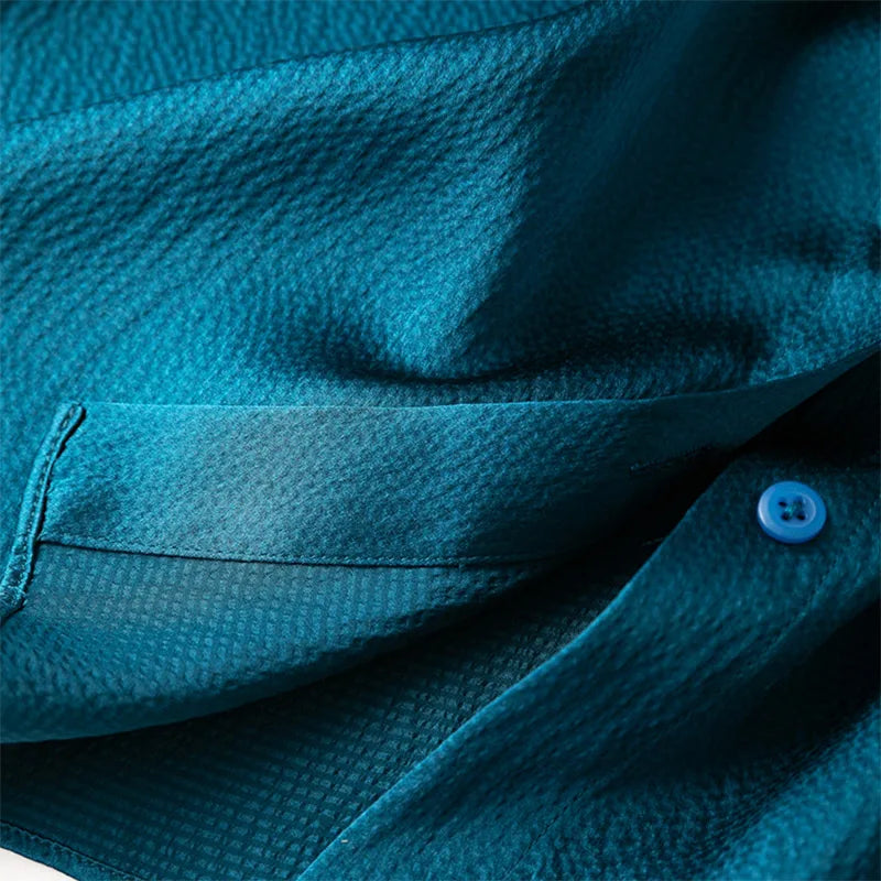Women 100% Mulberry Silk 20 Momme Heavy Silk Peacock Blue Collared Short Sleeve Buttons down Shirt Top Blouse Office Work MM567-Gennys fashion