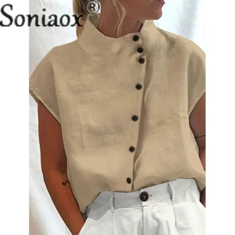 Elegant Cotton Linen Stand Neck Shirt Female 2023 Summer Simple Style Single-Breasted Cardigan Tops Women'S Casual Loose Blouse-Gennys fashion