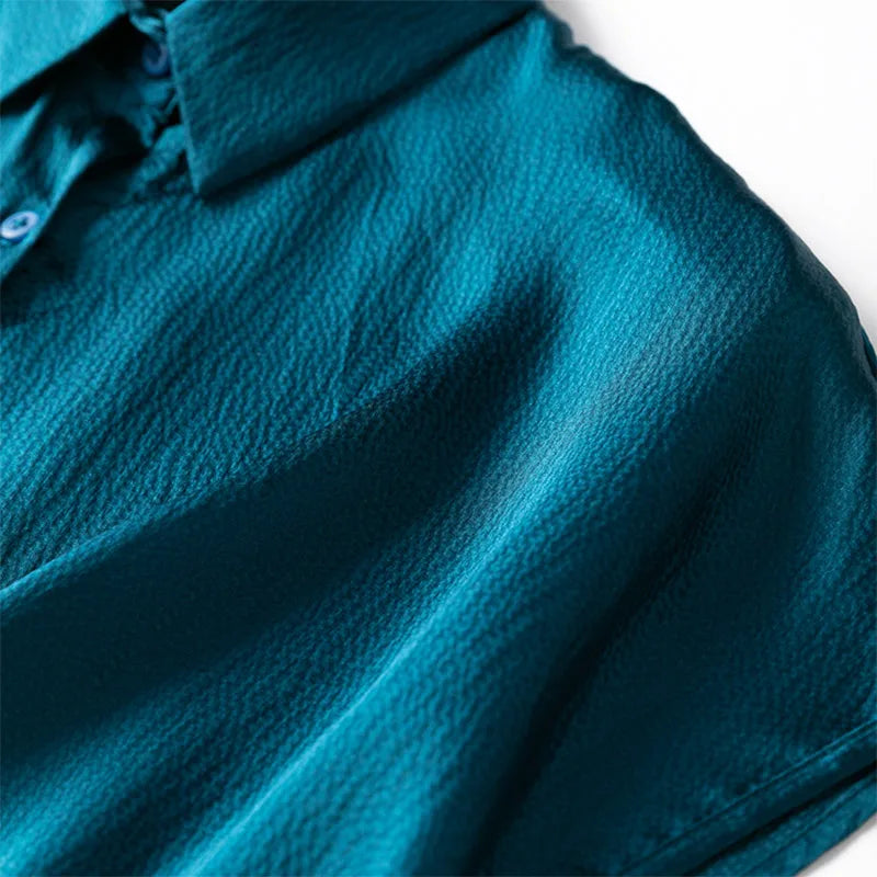 Women 100% Mulberry Silk 20 Momme Heavy Silk Peacock Blue Collared Short Sleeve Buttons down Shirt Top Blouse Office Work MM567-Gennys fashion