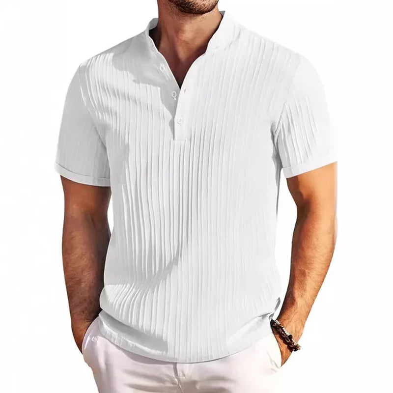 New High-End Embroidered Cotton and Linen Striped Henry Shirt for Men'S Summer Casual Fashion Comfortable Breathable T-Shirt Top-Gennys fashion
