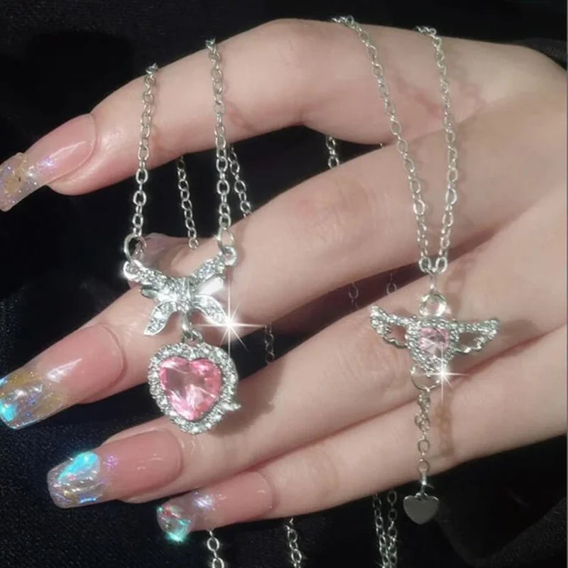 Crystal Angel Wings Heart Pendant Necklaces Set Ladies Girl Simple Y2K Pink White Zircon Love Elegant Necklace Women Jewelry Set-Gennys fashion