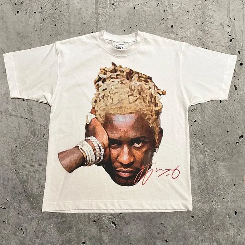 Fashion Brand Y2K Retro Summer Men Short Sleeved round Neck Portrait Print Harajuku Hip-Hop Personalized Couple Top-Gennys fashion