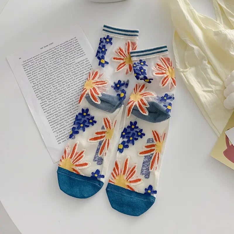 Women Summer Ultra Thin Transparent Summer Ice Glass Filament Long Tube Korean Lace Medium Tube Crystal Socks Silk Socks-Gennys fashion