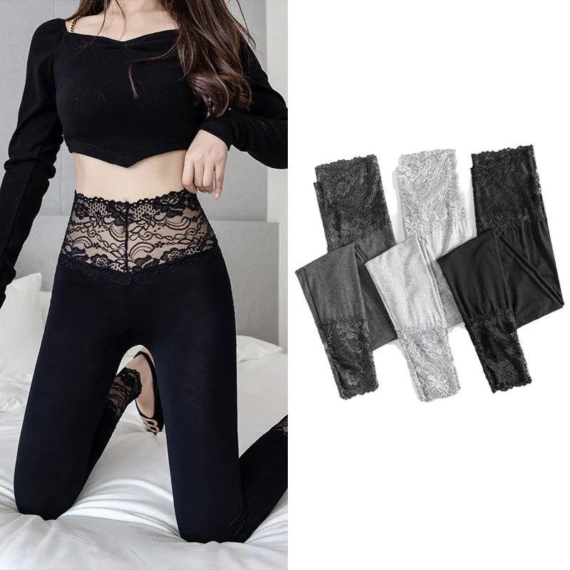 Sexy Women Leggings Modal Cotton Fashion Thin Lace Patchwork Breathbale Legging Stretchy Workout Comfortable Pants Trousers-Gennys fashion