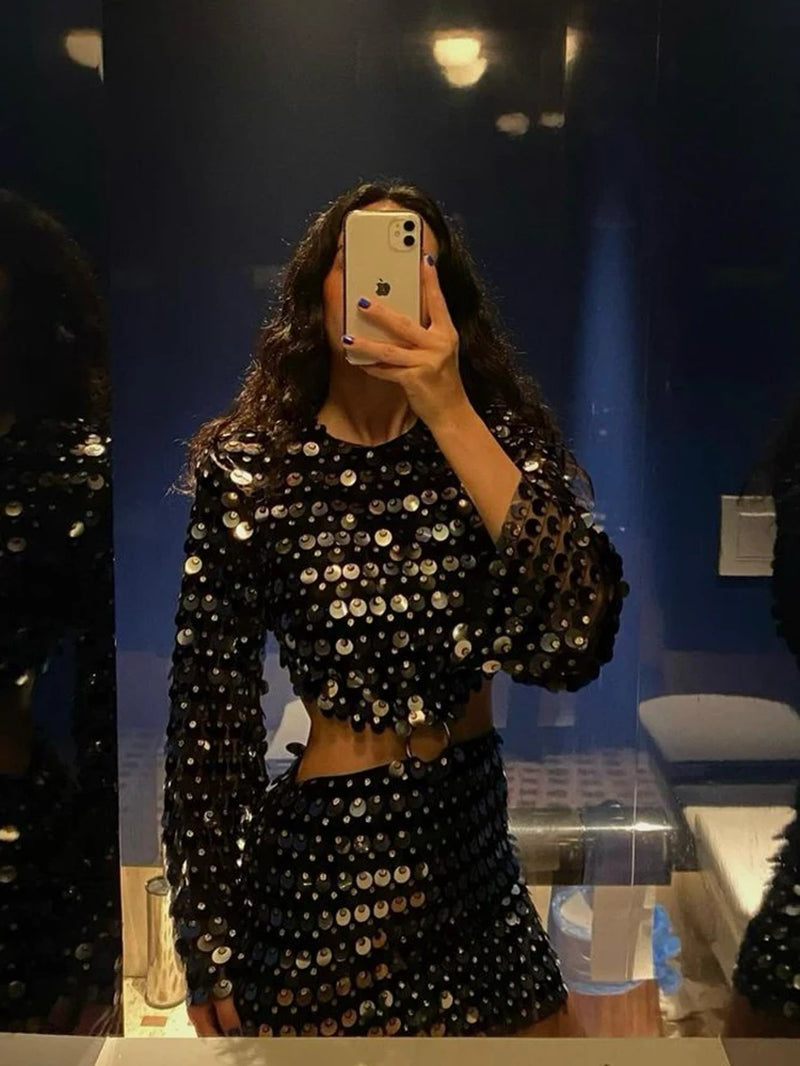 Sequins Hollow Out Mini Dress Woman Fashion Long Flare Sleeve Slim Glitter Dresses High Street Evening Party Club Mini Vestido-Gennys fashion