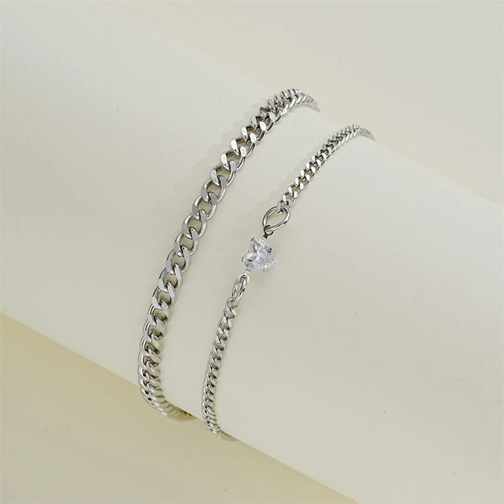 2PCS Simple Fashion Stainless Steel Bracelet Set for Couple Unisex Women Men Lover Crystal Heart Silvery Chain Bracelets Jewelry-Gennys fashion