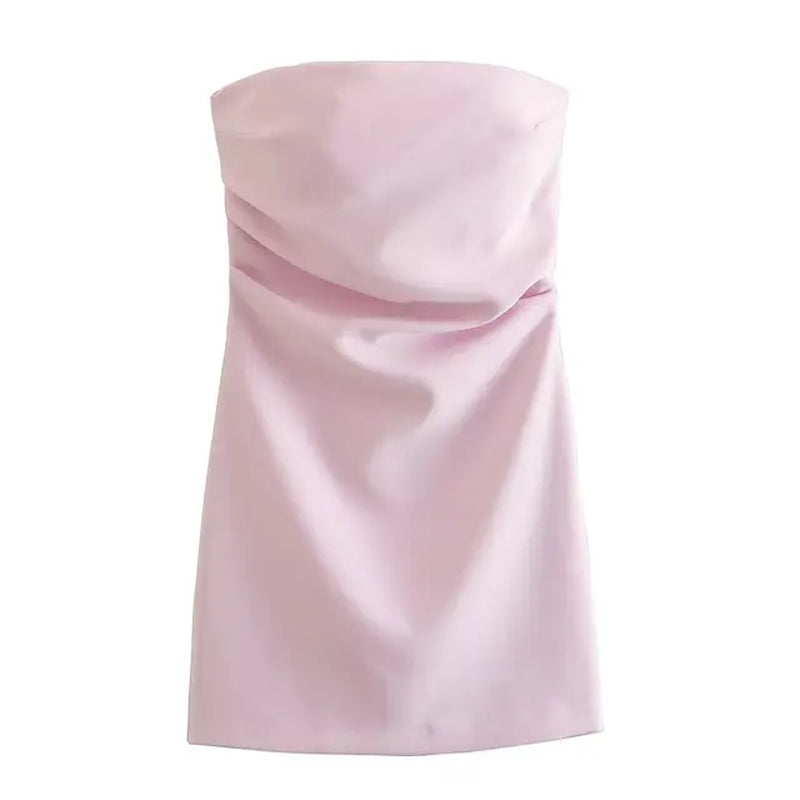 Women Fashion Sexy Back Zipper Solid Color Pleats Strapless Mini Dress Chic Female Sleeveless Evening Dresses Mujer-Gennys fashion