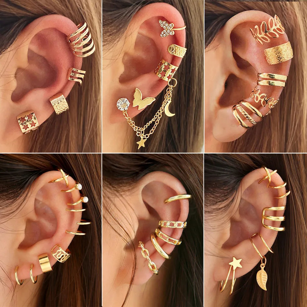 Gold Silver Color Leaves Clip Earrings for Women Creative Simple C Butterfly Ear Cuff Non-Piercing Ear Clip Set Trendy Jewelry-Gennys fashion