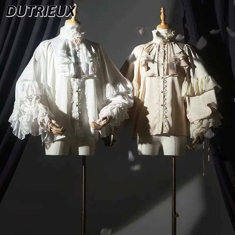 2024 Summer New Dark Black Shirt Blouse Women Harajuku Lolita Cosplay Batwing Sleeve Loose Shirts Ruffled Long Sleeve Top Ladies-Gennys fashion