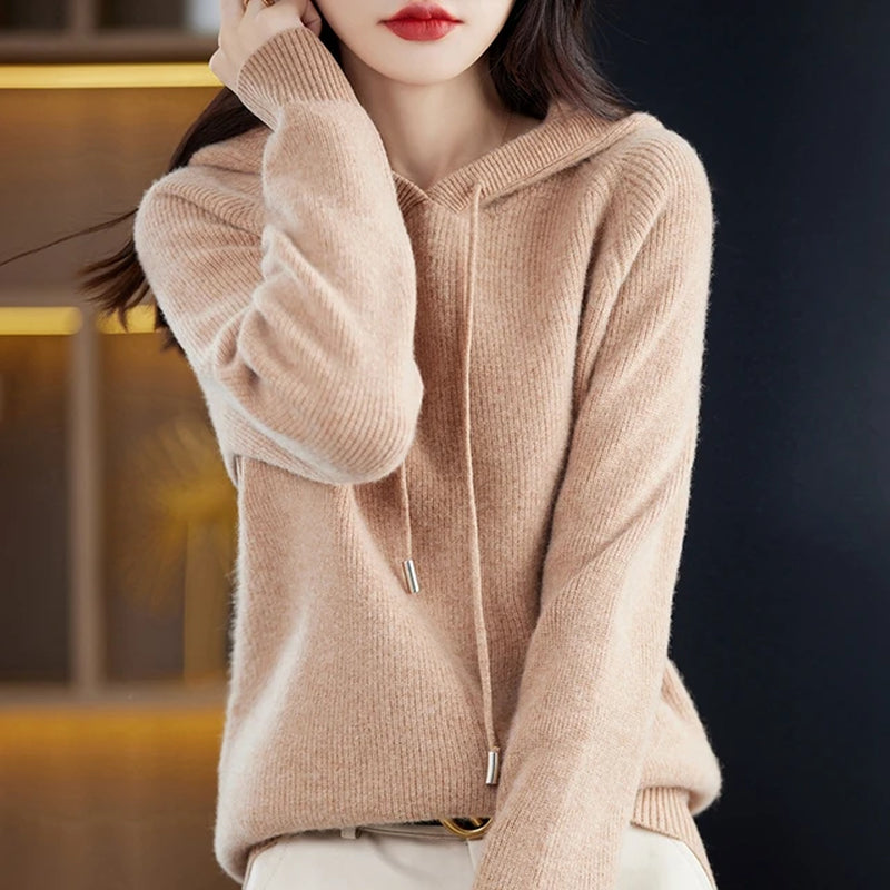 2023 New Cashmere Hooded Sweater Women Long Sleeve Autumn and Winter Knit Hooded Pullover Solid Color Cashmere Base-Gennys fashion