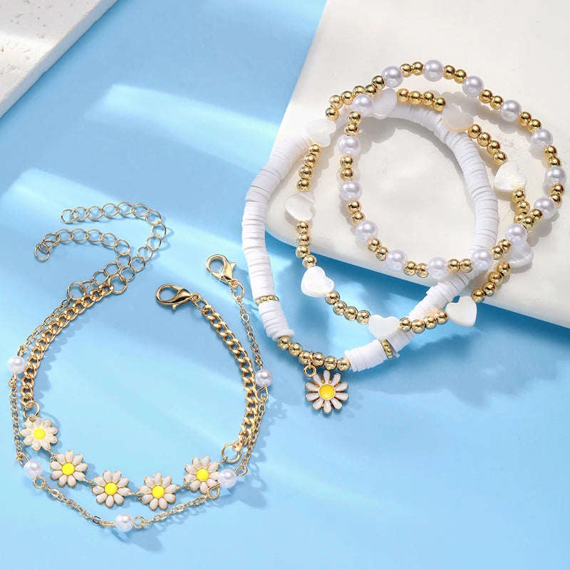 8Pcs Vintage Daisy Flower Pendant Bracelet Set for Women Bohemian Beaded Enamel Star Heart Pearl Bangles Trendy Jewelry Gifts-Gennys fashion