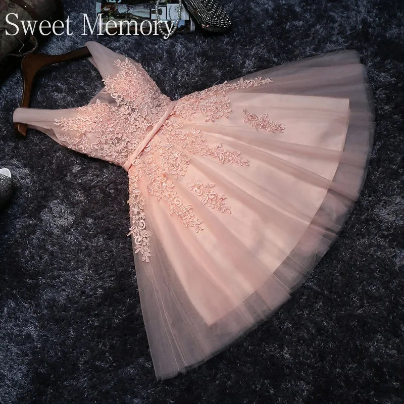 S0125 Prom Dress Short Pink Bridesmaid Dresses Beadings Sexy Neck Lace up Pearls Wedding Party Graduation Gowns-Gennys fashion