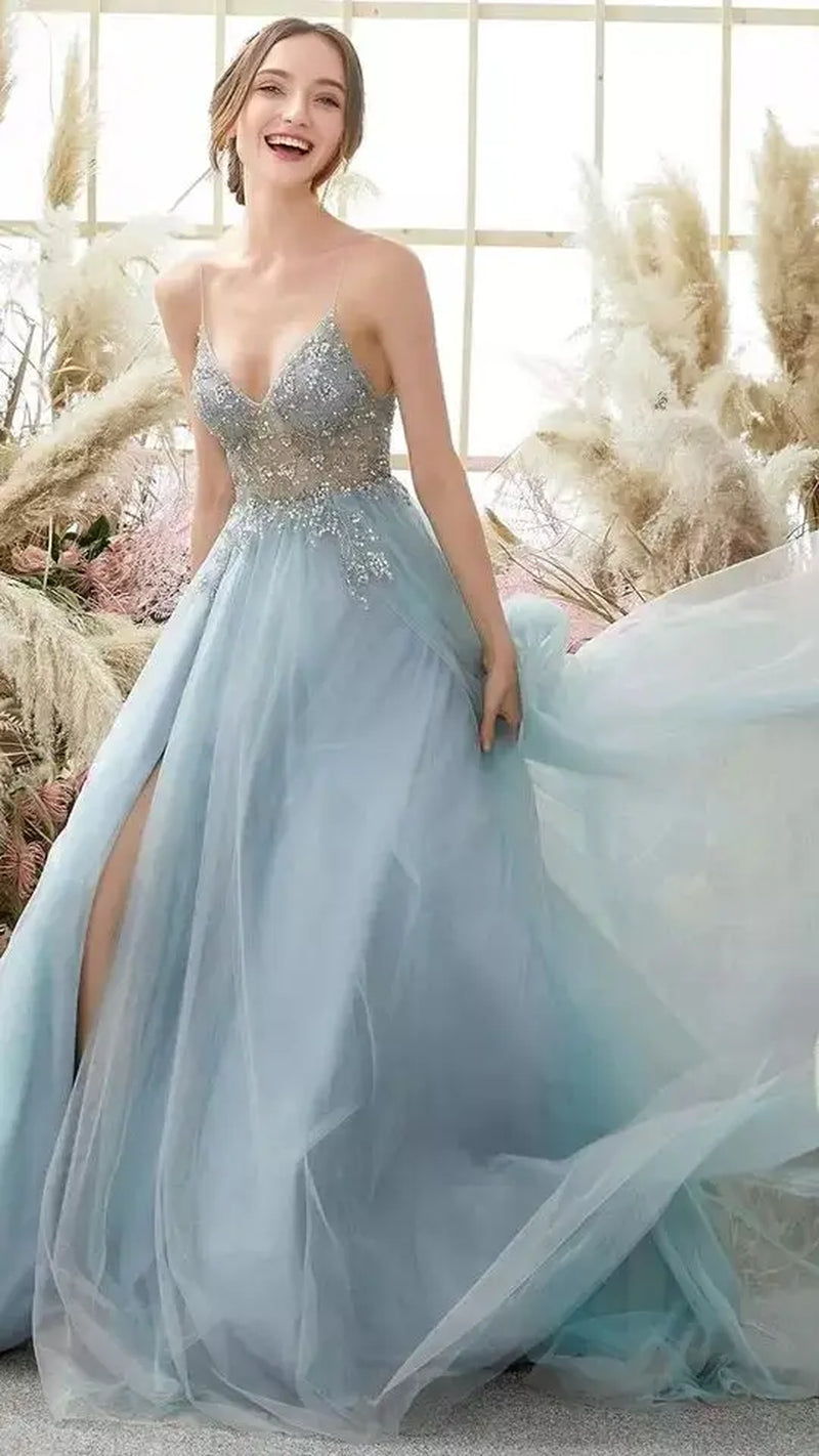 Sexy Evening Dresses with Slit Gorgeous Crystal Beads Sexy V Neck Spaghetti Straps Formal Prom Gown-Gennys fashion