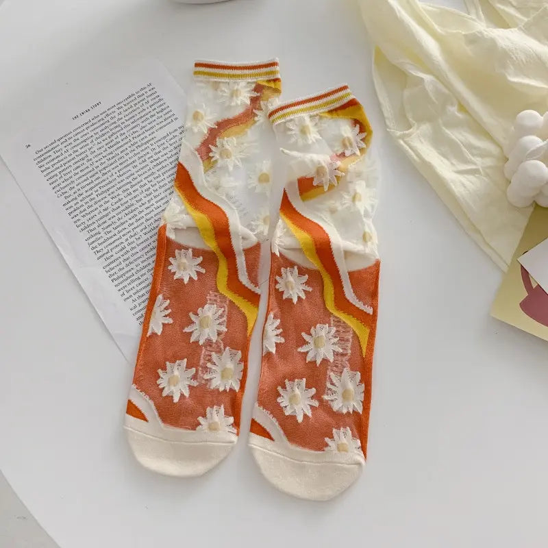 Women Summer Ultra Thin Transparent Summer Ice Glass Filament Long Tube Korean Lace Medium Tube Crystal Socks Silk Socks-Gennys fashion