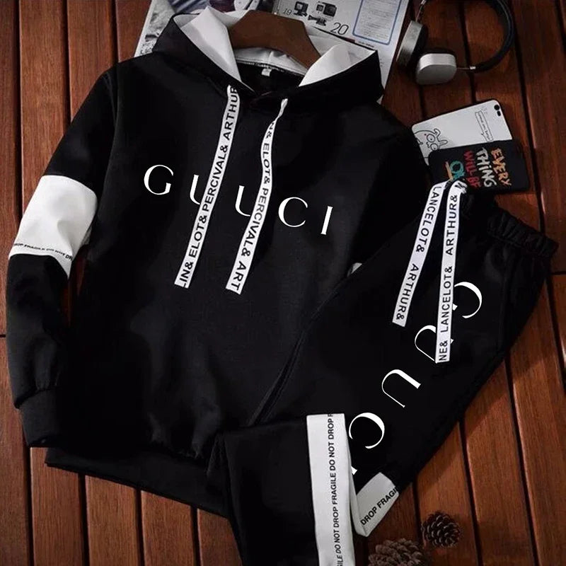 Mens Tracksuit High Quality Fashion Hooded Sweatshirt Sweatpants Casual Trend Print Pullover Classic Black White Jogging Clothes-Gennys fashion