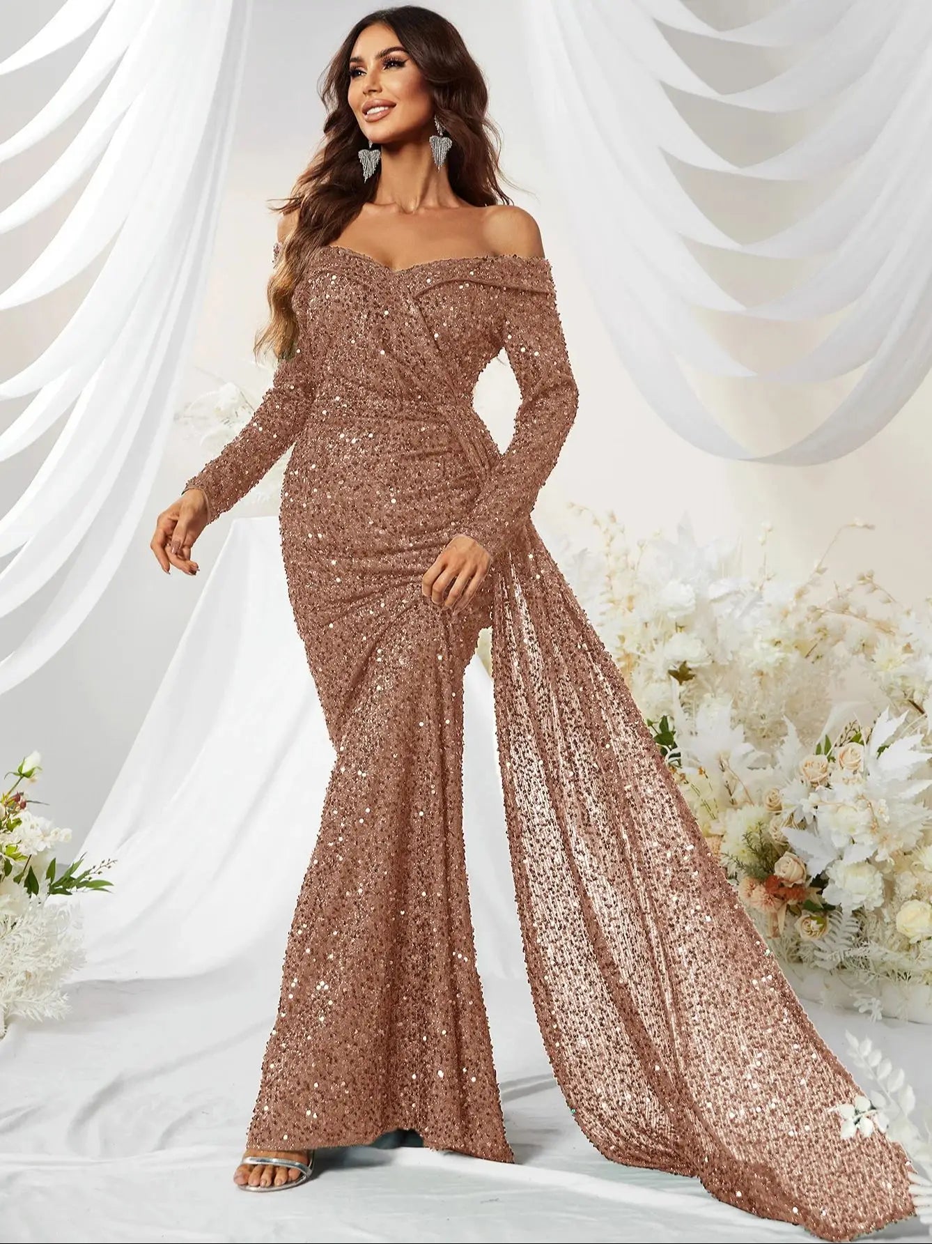 Giffniseti Women'S off Shoulder Draped Side Sequin Graduation Prom Dress Party Dress 2024-Gennys fashion